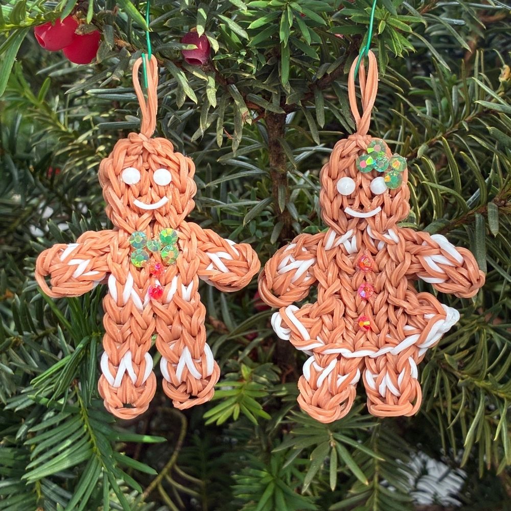 39 Gingerbread Boy and Girl ornament set featuring Spruce and Holly, made from brown rubber bands with rhinestone details.