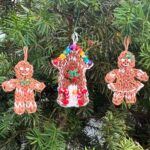 Complete Gingerbread Christmas ornament set featuring a house, a gingerbread boy, and a gingerbread girl, all made from rubber bands and rhinestones.